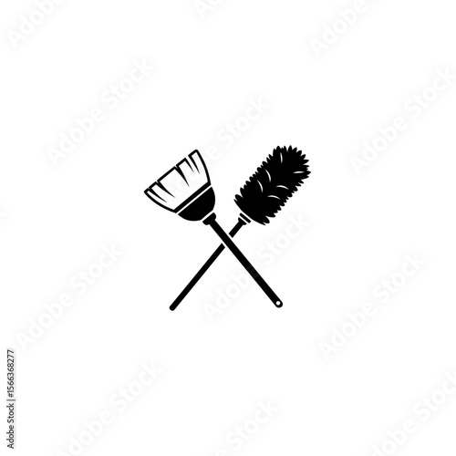 A simple black and white illustration of a broom and duster crossed over each other on a white background