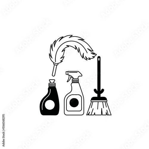 Illustration of cleaning supplies including a duster spray bottle and broom in black and white