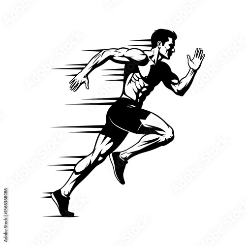 A stylized black and white illustration of a muscular man running at a very fast speed on white