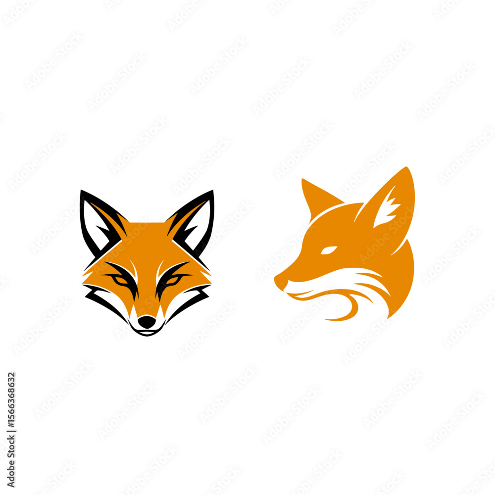 Obraz premium Two stylized fox heads one facing forward and one in profile on a white background design element