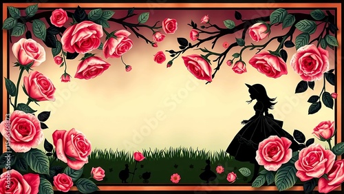Rose Frame with Girl Silhouette in a Forest – AI-Generated Alice-Inspired Gothic Fairy Tale Background