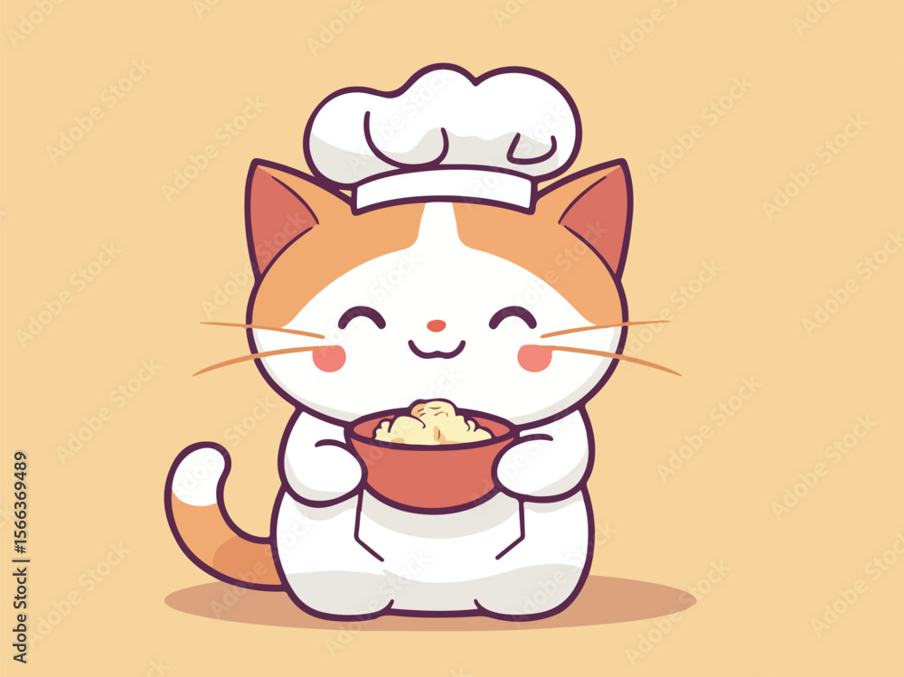 Cute Cartoon Cat Chef Holding a Bowl of Food with a Happy Expression Cute Cartoon Cat Chef Holding a Bowl of Food with a Happy Expression
