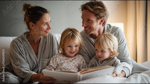 Young family with two small children indoors in bedroom reading a book