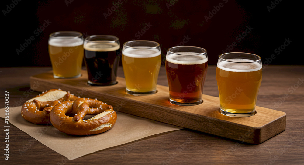 Beer flight with pretzels on wooden board in rustic style Beer flight with pretzels on wooden board in rustic style