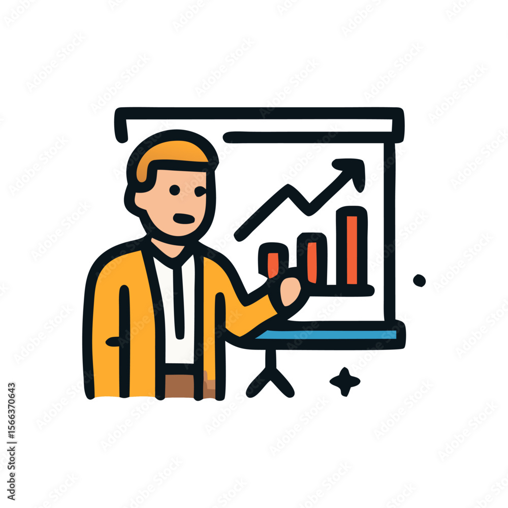 A businessman presenting financial data and growth charts on a whiteboard. A businessman presenting financial data and growth charts on a whiteboard.