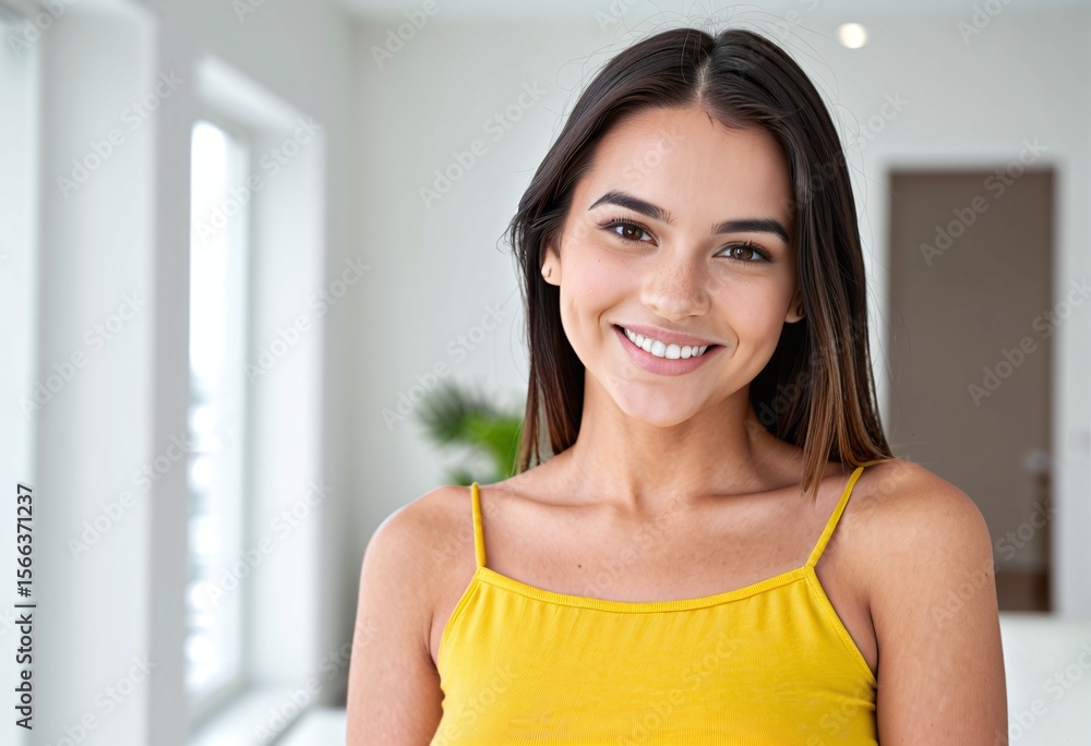 Portrait of a young woman wearing a yellow top standing a blurred white modern interior background with copy space Portrait of a young woman wearing a yellow top standing a blurred white modern interior background with copy space