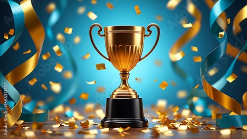 Gold trophy with confetti on a wooden table