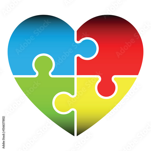 Colorful Heart-Shaped Puzzle with Four Interlocking Pieces – Symbol of Unity, Diversity, Love, and Autism Awareness – Gradient Flat Vector for Logo, Poster, and Educational Use