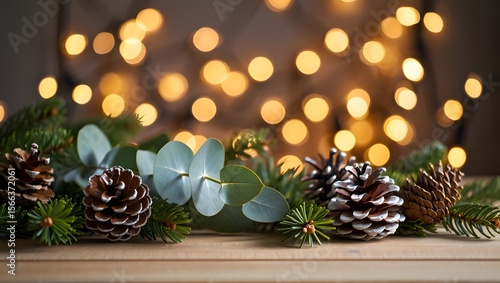 Christmas pine cones and eucalyptus with bokeh lights holiday season decorations