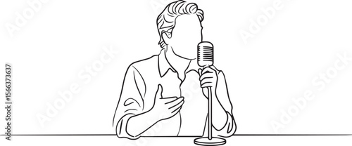 continuous line drawing of a figure speaking into a microphone with one hand gesturing in modern black and white style