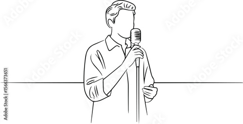 continuous line drawing of a figure speaking into a microphone with one hand gesturing in modern black and white style
