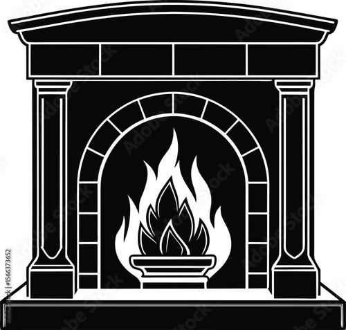 Classic fireplace design black and white illustration