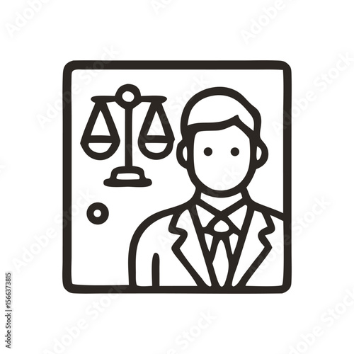 Icon depicting a lawyer or legal professional with scales of justice in the background.