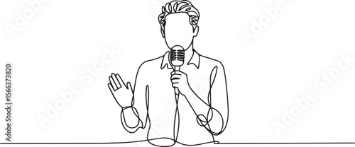 continuous line drawing of a figure speaking into a microphone with one hand gesturing in modern black and white style