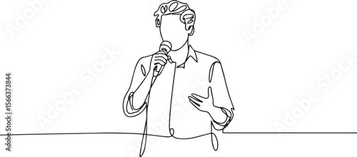 continuous line drawing of a figure speaking into a microphone with one hand gesturing in modern black and white style