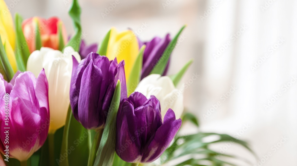 Obraz premium Vibrant tulips with green foliage, soft daylight, copy space. Fresh spring floral beauty in natural harmony.