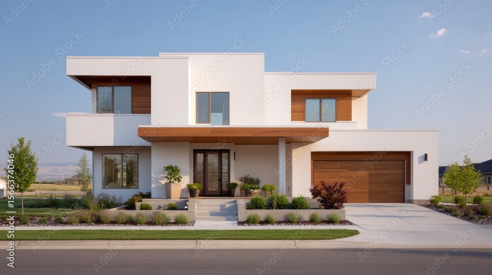 Fototapeta premium Modern minimalist home with wood accents and landscaped garden