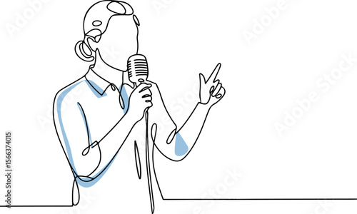 continuous line drawing of a figure speaking into a microphone with one hand gesturing in modern black and white style