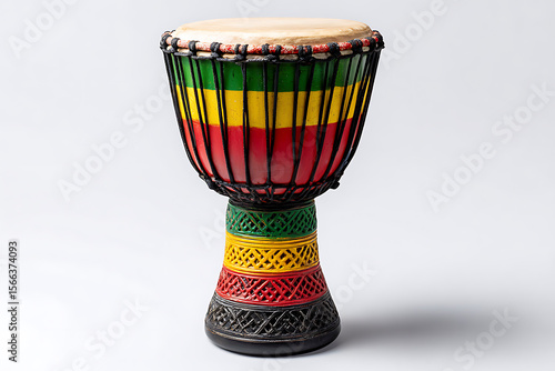 Vibrant African Djembe Drum with Ghana Flag Colors on White Background