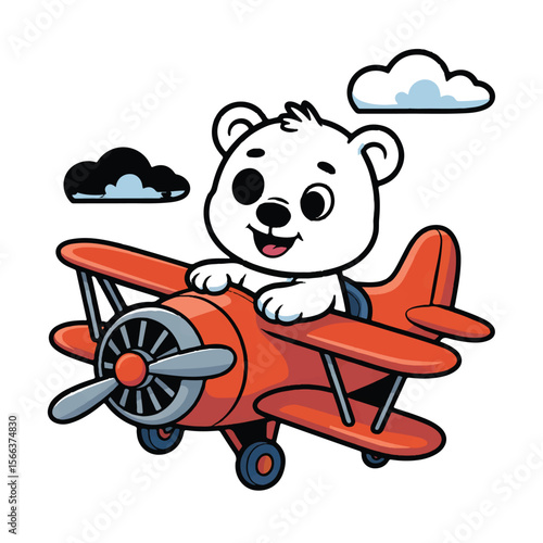 Cute cartoon polar bear happily flying a red biplane through the sky with fluffy clouds in the background