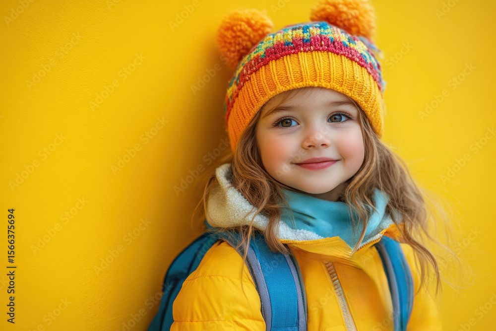 Happy little schoolgirl dressed in a bright yellow jacket and warm hat, carrying a blue school backpack, stands on vibrant yellow background. Back to school concept. Success, Motivation, Winner Genius Happy little schoolgirl dressed in a bright yellow jacket and warm hat, carrying a blue school backpack, stands on vibrant yellow background. Back to school concept. Success, Motivation, Winner Genius