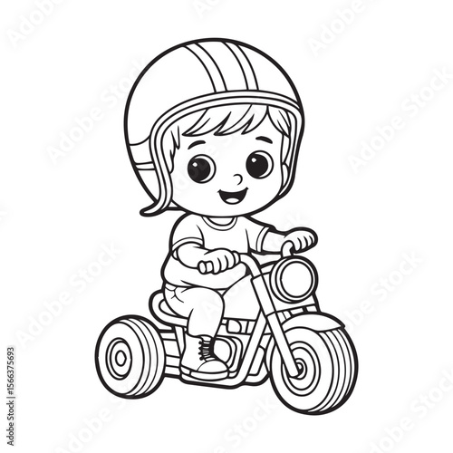 Cute cartoon child wearing a helmet riding a tricycle with a happy expression and a simple outline style on a white background