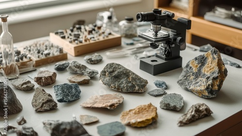 Wallpaper Mural Microscope and various rock specimens on a lab table. Torontodigital.ca