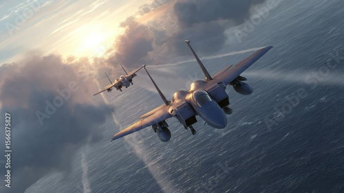 Close-up of fighter jets engaging in a high-speed dogfight over the ocean, with afterburners lit and contrails cutting through the sky
