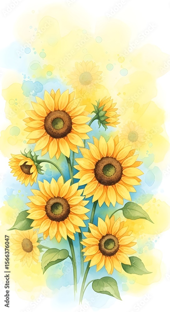 Watercolor Sunflowers Illustration - Vertical Bouquet of Yellow Sunflowers on a Blue and Yellow Abstract Background, Phone Wallpaper Watercolor Sunflowers Illustration - Vertical Bouquet of Yellow Sunflowers on a Blue and Yellow Abstract Background, Phone Wallpaper