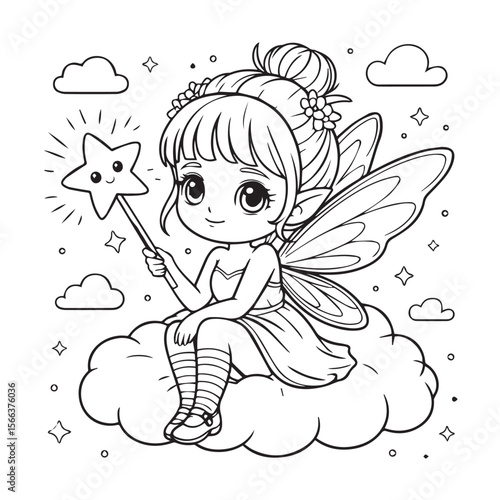 Cute cartoon black and white outline drawing of a kawaii fairy with wings sitting on a cloud holding a sparkling star wand
