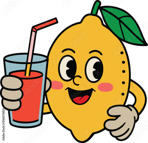 Retro Cartoon Lemon Character Holding Refreshing Lemonade Illustration