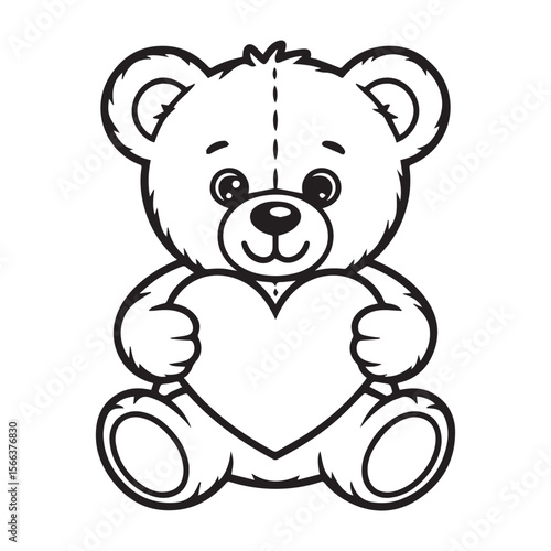 Cute cartoon teddy bear sitting and holding a large heart shape with its paws black and white line art illustration