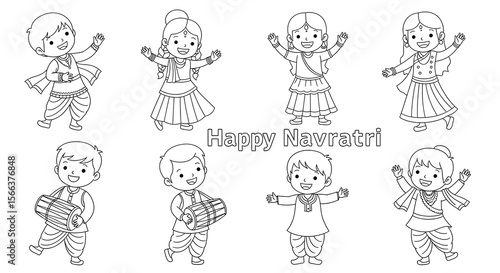 Happy navratri celebration with children in traditional indian attire isolated on transparent background