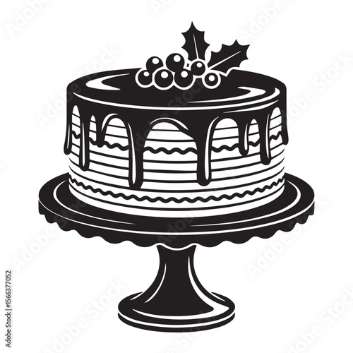 Elegant black and white silhouette of a layered cake adorned with chocolate ganache drips and festive holly berries and leaves on a cake stand