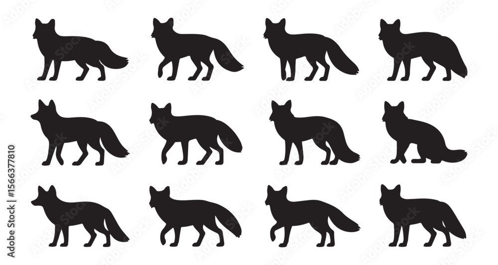 Obraz premium Silhouette Foxes in Varying Poses A Striking Animal Collection With Diverse Depictions