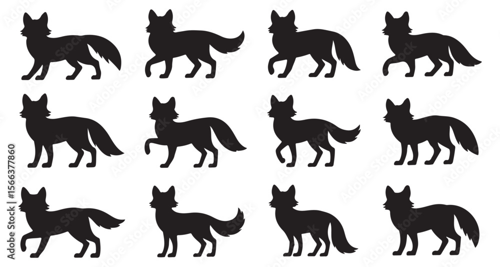 Naklejka premium Silhouette Foxes in Varied Poses Graphic Resource Wildlife Inspired Animal Vector Illustration