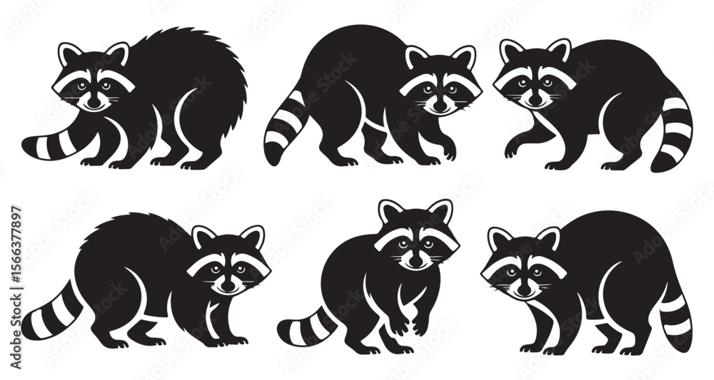 Naklejka premium Stylized Raccoon Silhouettes Featuring Masked Faces and Bushy Tails, Embodying Wildlife Charm and Whimsical Design Elements in a Vector Illustration