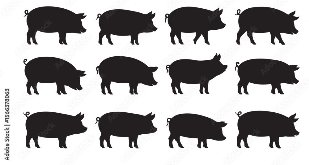 Obraz premium Elegant Pig Silhouette Collection A Variety of Pig Breeds Depicted in Stunning Black Silhouettes Against a White Backdrop