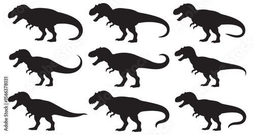 Nine Black Tyrannosaurus Rex Silhouettes Arranged on a White Background Depicting a Prehistoric Scene