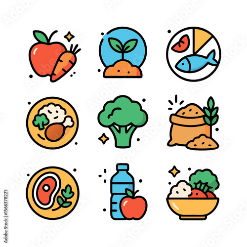 Colorful, illustrated icons showcasing various healthy food items for dietary concepts.