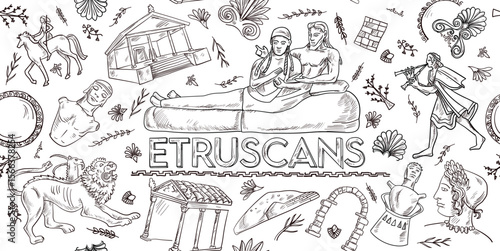 Ancient Etruscan Doodles horizontal banner. vector background