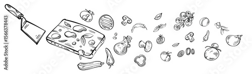 Doodle Pizza Pattern Background. Horizontal Hand-Drawn Vector Artwork