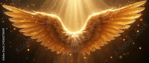 Majestic angelic wings with shimmering golden feathers, partially spread, illuminated by soft cascading light rays on a dark background
