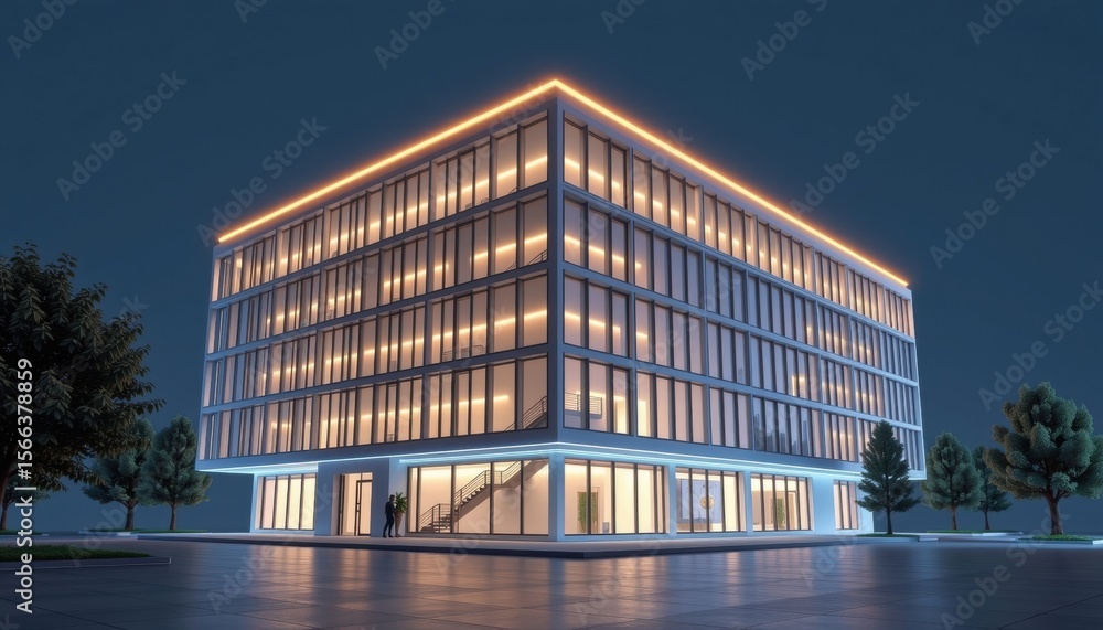 Fototapeta premium An illuminated modern office building with a futuristic look at twilight