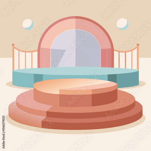 Minimalist geometric stage with pastel colors and podiums for product display
