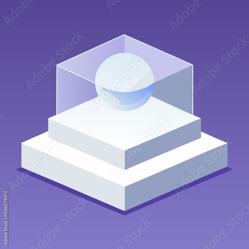Isometric illustration of a glass sphere on a tiered pedestal inside a transparent cube