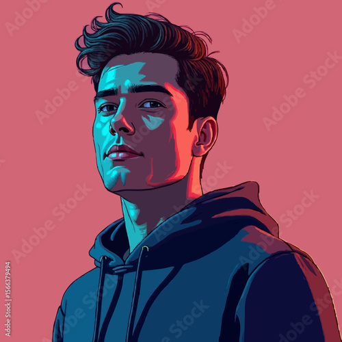 Stylish young man in blue hoodie, exuding casual coolness and urban fashion, with tousled hair, set against a vibrant pink background, embodying youth culture and modern street style.
