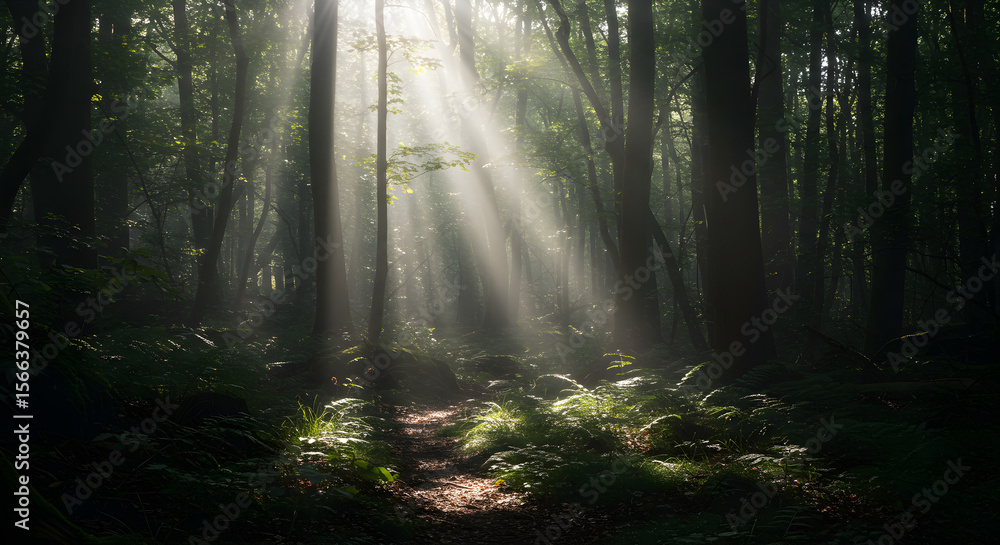 Fototapeta premium Sunbeams piercing through the dense forest canopy in summer