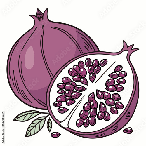 Juicy red pomegranate fruit, halved with scattered seeds and fresh leaves, perfect for a healthy dessert