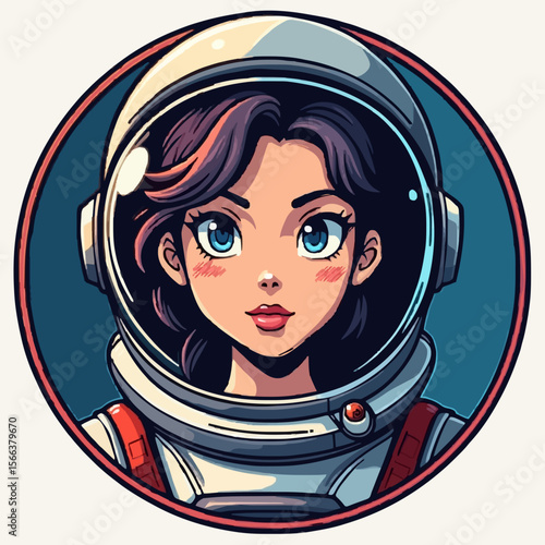 Bold female astronaut in sleek spacesuit and helmet, embodying space exploration, scientific discovery, and cosmic adventure, set against a vibrant circular blue background, symbolizing innovation and